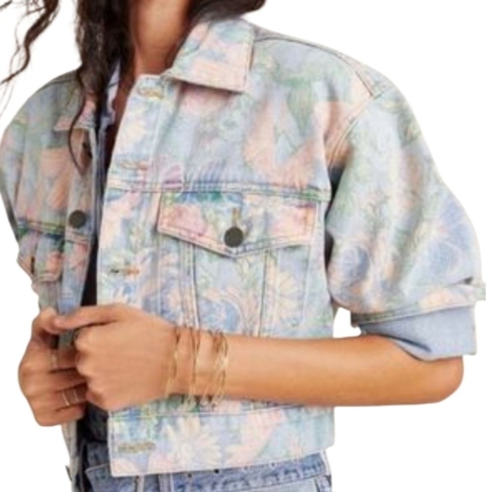 BLANKNYC boho floral cropped 80s Vibes denim Jean‎ jacket Size Medium new!!!